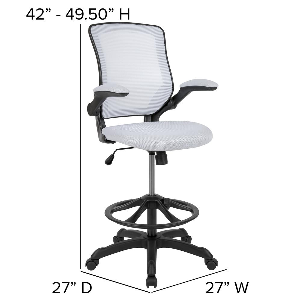 Midback White Mesh Ergonomic Drafting Chair With Adjustable Foot Ring And Flip-Up Arms By Flash Furniture | Office Chairs | Modishstore - 4