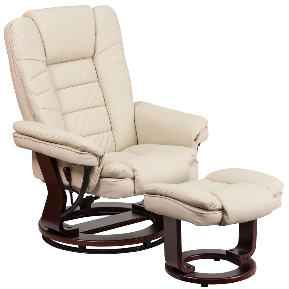 Contemporary Multi-Position Recliner With Horizontal Stitching And Ottoman With Swivel Mahogany Wood Base In Beige Leathersoft By Flash Furniture | Recliners | Modishstore - 1