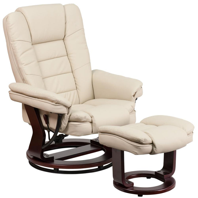 Contemporary Multi-Position Recliner With Horizontal Stitching And Ottoman With Swivel Mahogany Wood Base In Beige Leathersoft By Flash Furniture | Chairs & Recliners | Modishstore