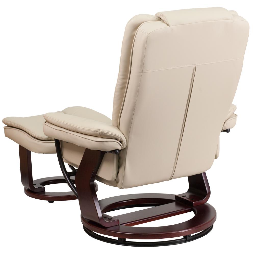 Contemporary Multi-Position Recliner With Horizontal Stitching And Ottoman With Swivel Mahogany Wood Base In Beige Leathersoft By Flash Furniture | Recliners | Modishstore - 3