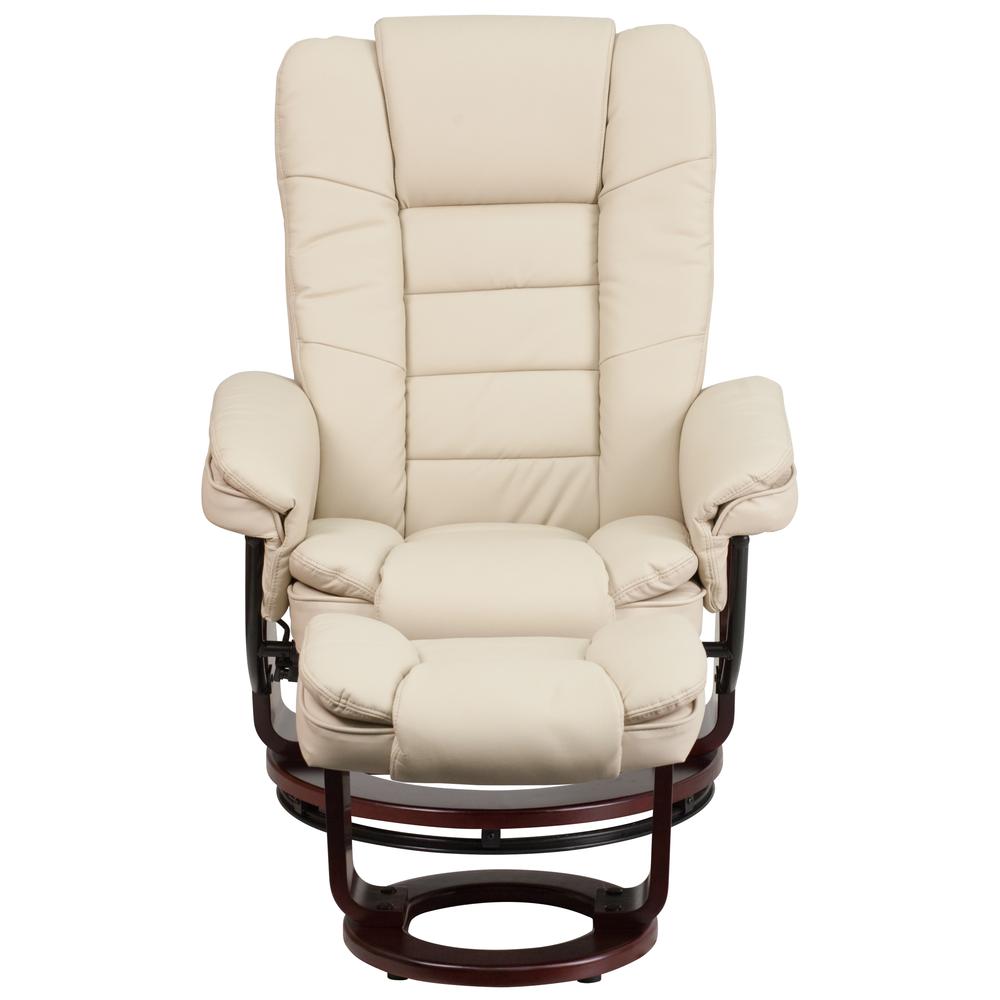Contemporary Multi-Position Recliner With Horizontal Stitching And Ottoman With Swivel Mahogany Wood Base In Beige Leathersoft By Flash Furniture | Recliners | Modishstore - 4