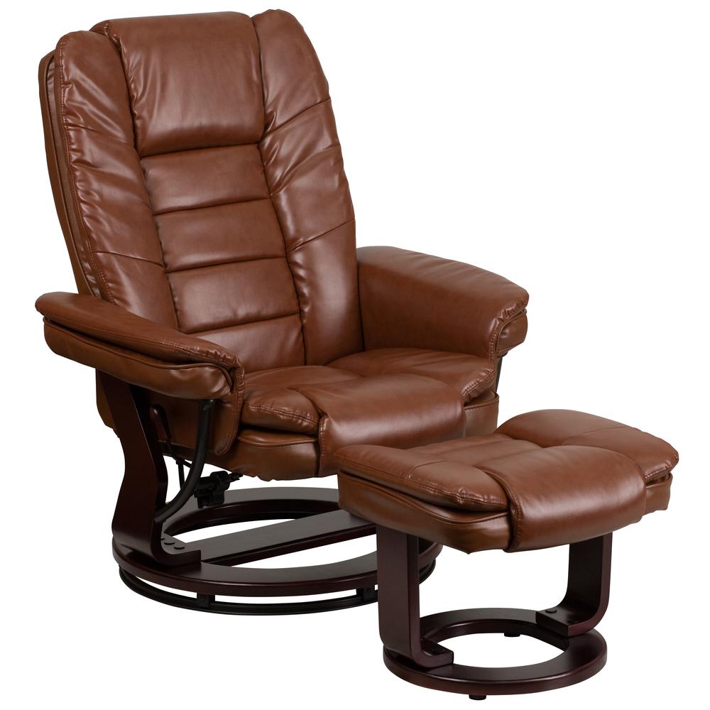 Contemporary Multi-Position Recliner With Horizontal Stitching And Ottoman With Swivel Mahogany Wood Base In Brown Vintage Leather By Flash Furniture | Recliners | Modishstore - 1