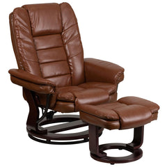 Contemporary Multi-Position Recliner With Horizontal Stitching And Ottoman With Swivel Mahogany Wood Base In Brown Vintage Leather By Flash Furniture