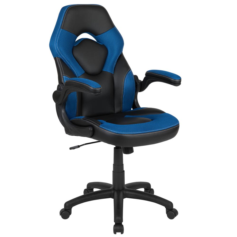 X10 Gaming Chair Racing Office Ergonomic Computer Pc Adjustable Swivel Chair With Flip-Up Arms, Blue/Black Leathersoft By Flash Furniture | Office Chairs | Modishstore - 1