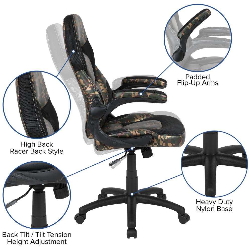 X10 Gaming Chair Racing Office Ergonomic Computer Pc Adjustable Swivel Chair With Flip-Up Arms, Camouflage/Black Leathersoft By Flash Furniture | Office Chairs | Modishstore - 3