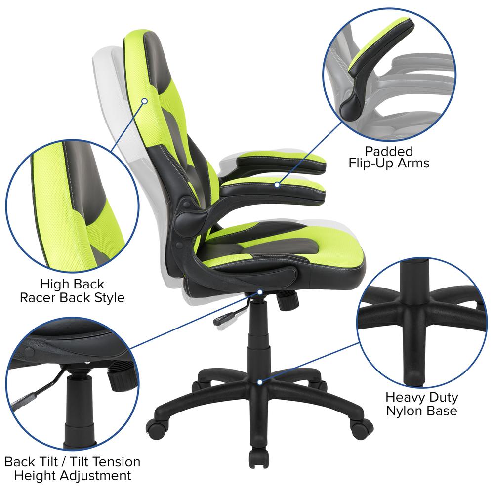 X10 Gaming Chair Racing Office Ergonomic Computer Pc Adjustable Swivel Chair With Flip-Up Arms, Neon Green/Black Leathersoft By Flash Furniture | Office Chairs | Modishstore - 3