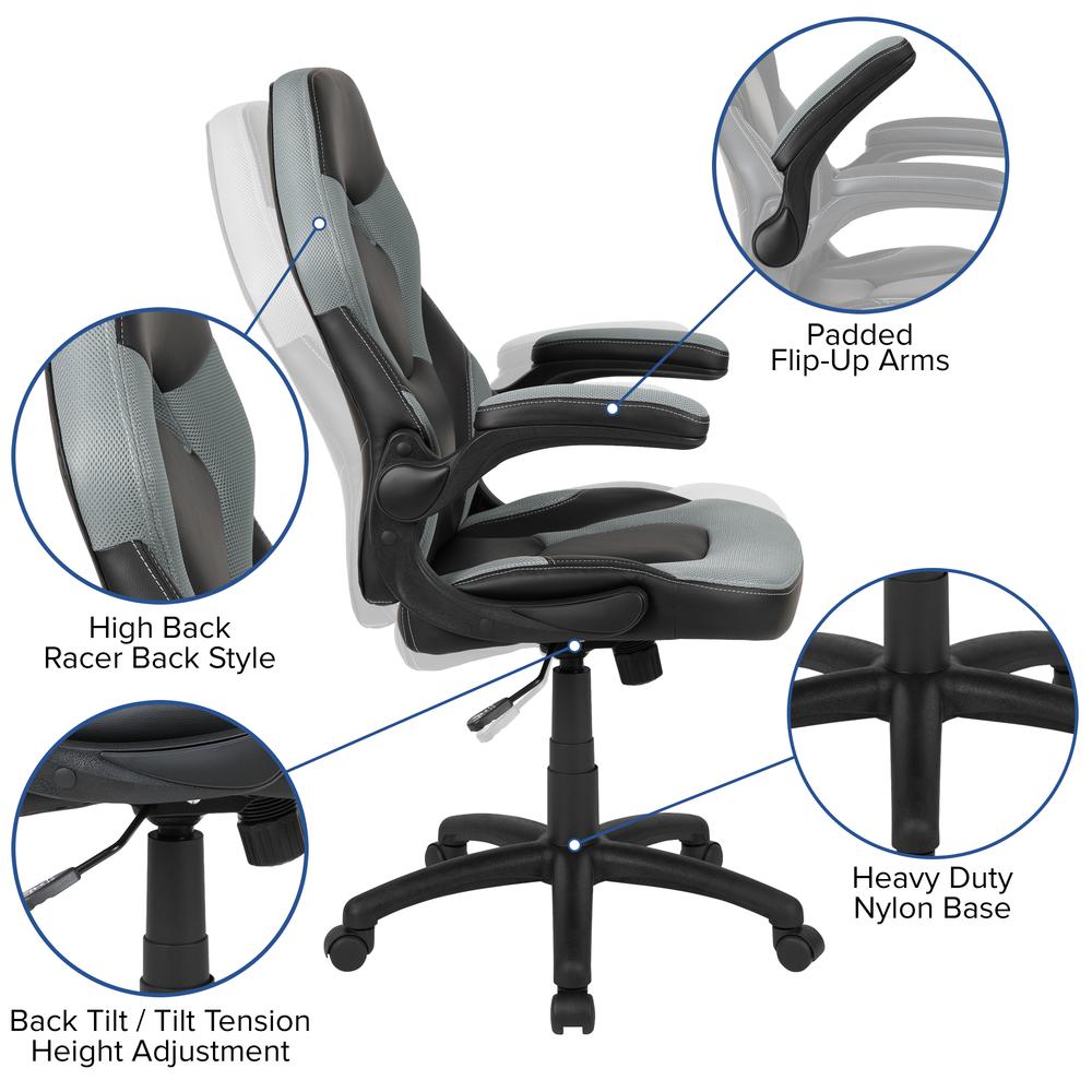 X10 Gaming Chair Racing Office Ergonomic Computer Pc Adjustable Swivel Chair With Flip-Up Arms, Gray/Black Leathersoft By Flash Furniture | Office Chairs | Modishstore - 3