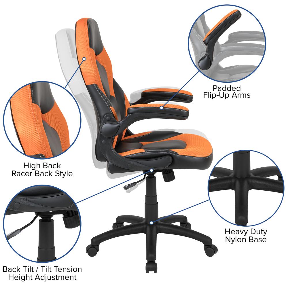 X10 Gaming Chair Racing Office Ergonomic Computer Pc Adjustable Swivel Chair With Flip-Up Arms, Orange/Black Leathersoft By Flash Furniture | Office Chairs | Modishstore - 3