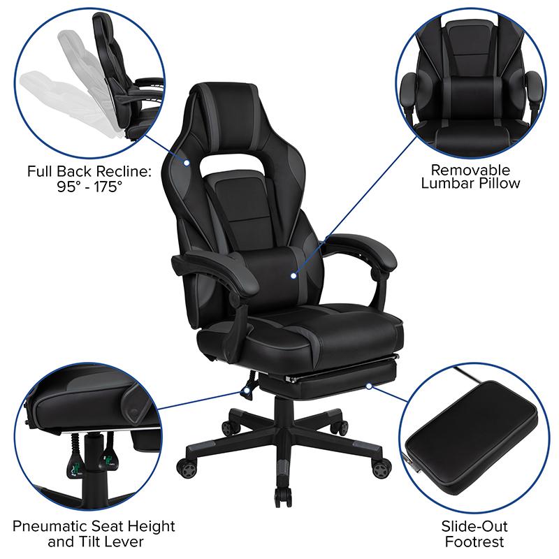 X40 Gaming Chair Racing Ergonomic Computer Chair With Fully Reclining Back/Arms, Slide-Out Footrest, Massaging Lumbar - Black/Gray By Flash Furniture | Office Chairs | Modishstore - 4