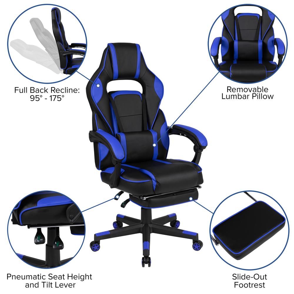 X40 Gaming Chair Racing Ergonomic Computer Chair With Fully Reclining Back/Arms, Slide-Out Footrest, Massaging Lumbar - Black/Blue By Flash Furniture | Office Chairs | Modishstore - 4