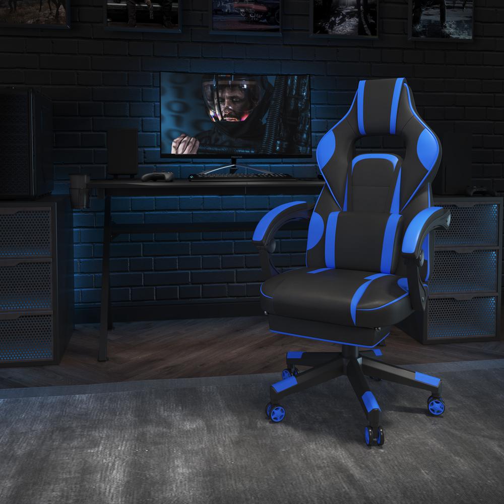 X40 Gaming Chair Racing Ergonomic Computer Chair With Fully Reclining Back/Arms, Slide-Out Footrest, Massaging Lumbar - Black/Blue By Flash Furniture | Office Chairs | Modishstore