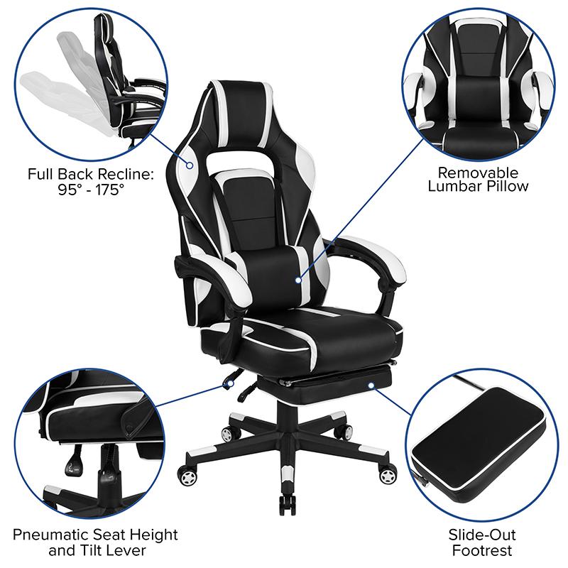 X40 Gaming Chair Racing Ergonomic Computer Chair With Fully Reclining Back/Arms, Slide-Out Footrest, Massaging Lumbar - White By Flash Furniture | Office Chairs | Modishstore - 4