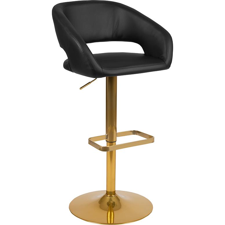 Contemporary Black Vinyl Adjustable Height Barstool With Rounded Mid-Back And Gold Base By Flash Furniture | Bar Stools | Modishstore - 2