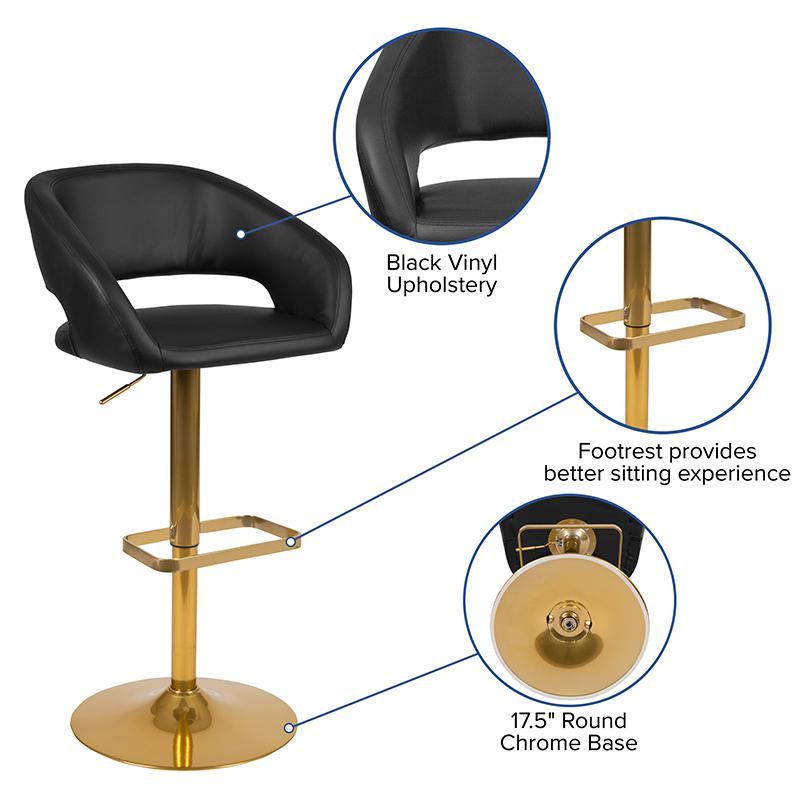 Contemporary Black Vinyl Adjustable Height Barstool With Rounded Mid-Back And Gold Base By Flash Furniture | Bar Stools | Modishstore - 4