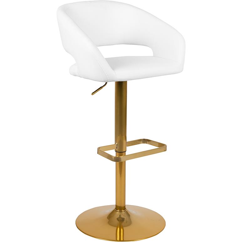 Contemporary White Vinyl Adjustable Height Barstool With Rounded Mid-Back And Gold Base By Flash Furniture | Bar Stools | Modishstore - 2