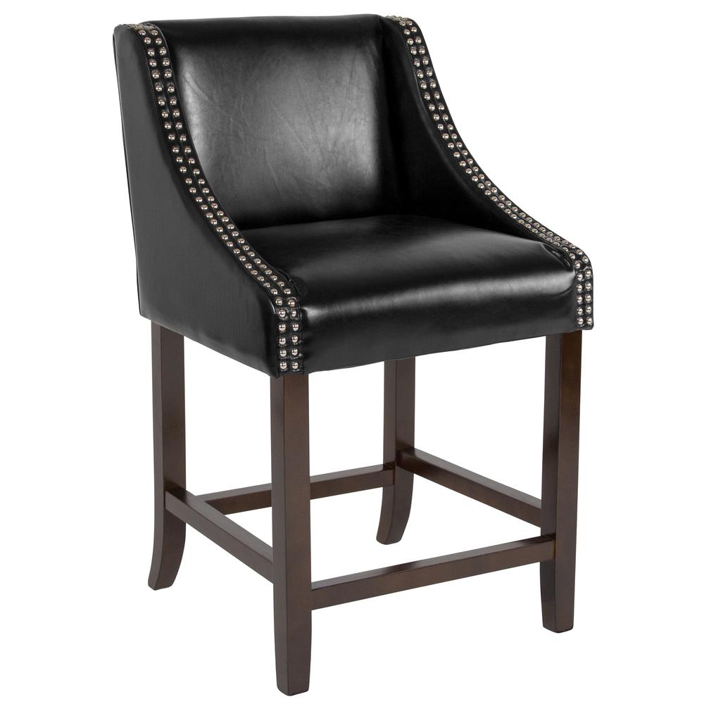 Carmel Series 24" High Transitional Walnut Counter Height Stool With Nail Trim In Black Leathersoft By Flash Furniture | Bar Stools | Modishstore - 1