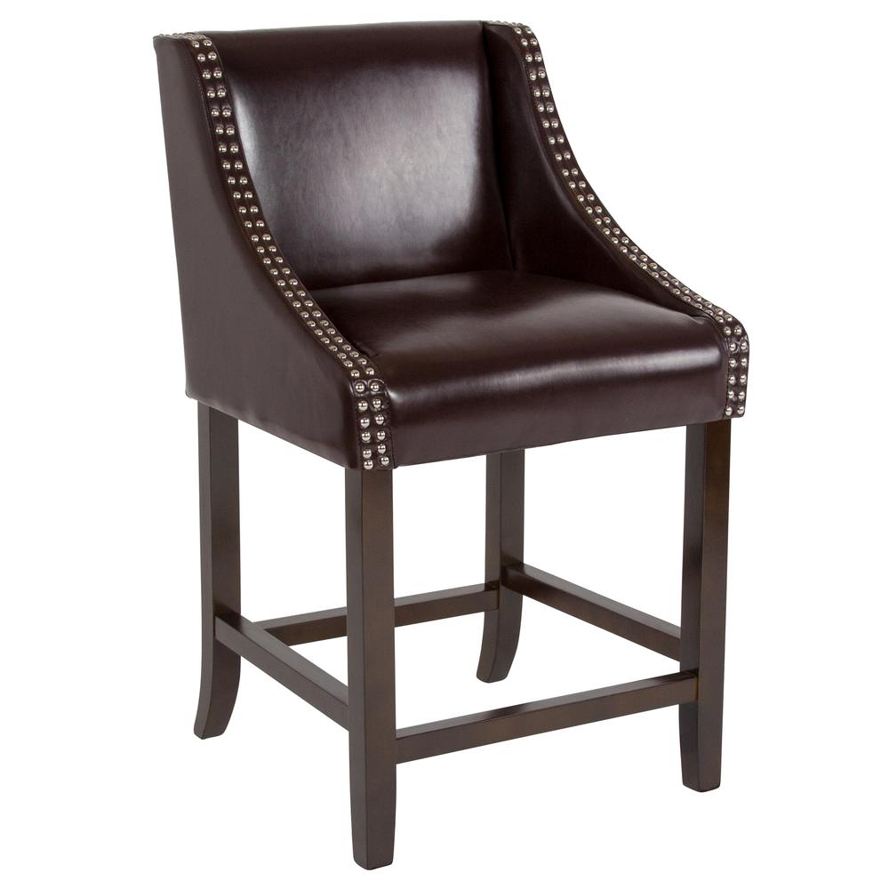 Carmel Series 24" High Transitional Walnut Counter Height Stool With Nail Trim In Brown Leathersoft By Flash Furniture | Bar Stools | Modishstore - 1