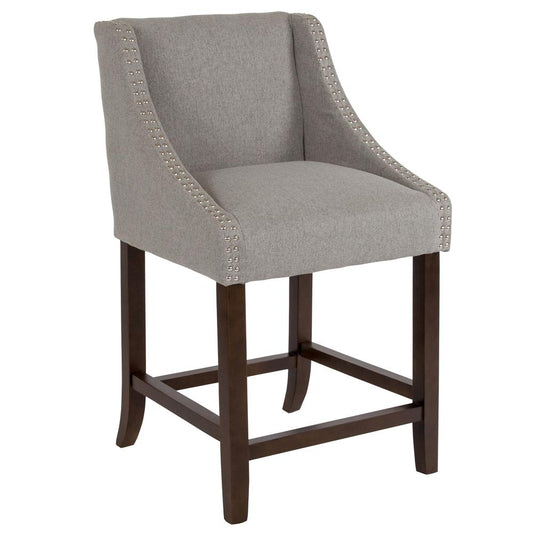 Carmel Series 24" High Transitional Walnut Counter Height Stool With Accent Nail Trim In Light Gray Fabric By Flash Furniture | Bar Stools | Modishstore