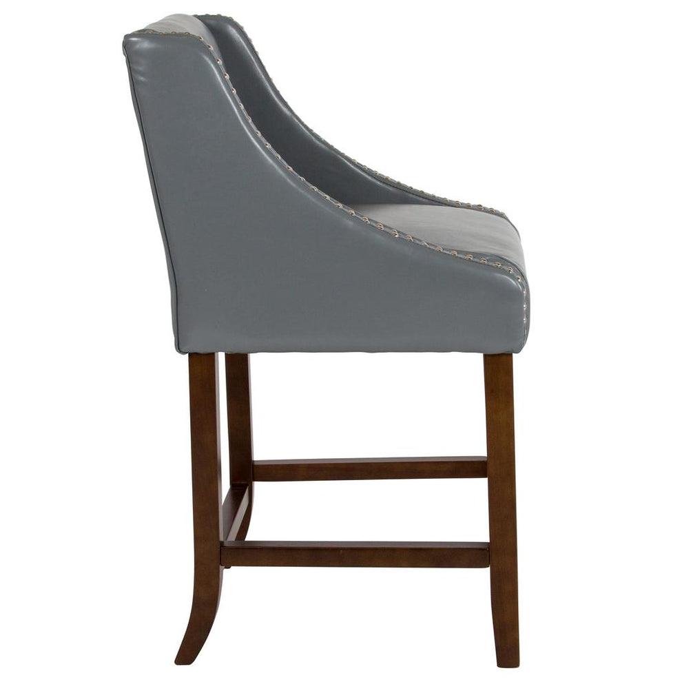 Carmel Series 24" High Transitional Walnut Counter Height Stool With Nail Trim In Light Gray Leathersoft By Flash Furniture | Bar Stools | Modishstore - 2