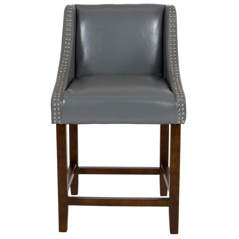 Carmel Series 24" High Transitional Walnut Counter Height Stool With Nail Trim In Light Gray Leathersoft By Flash Furniture | Bar Stools | Modishstore - 4