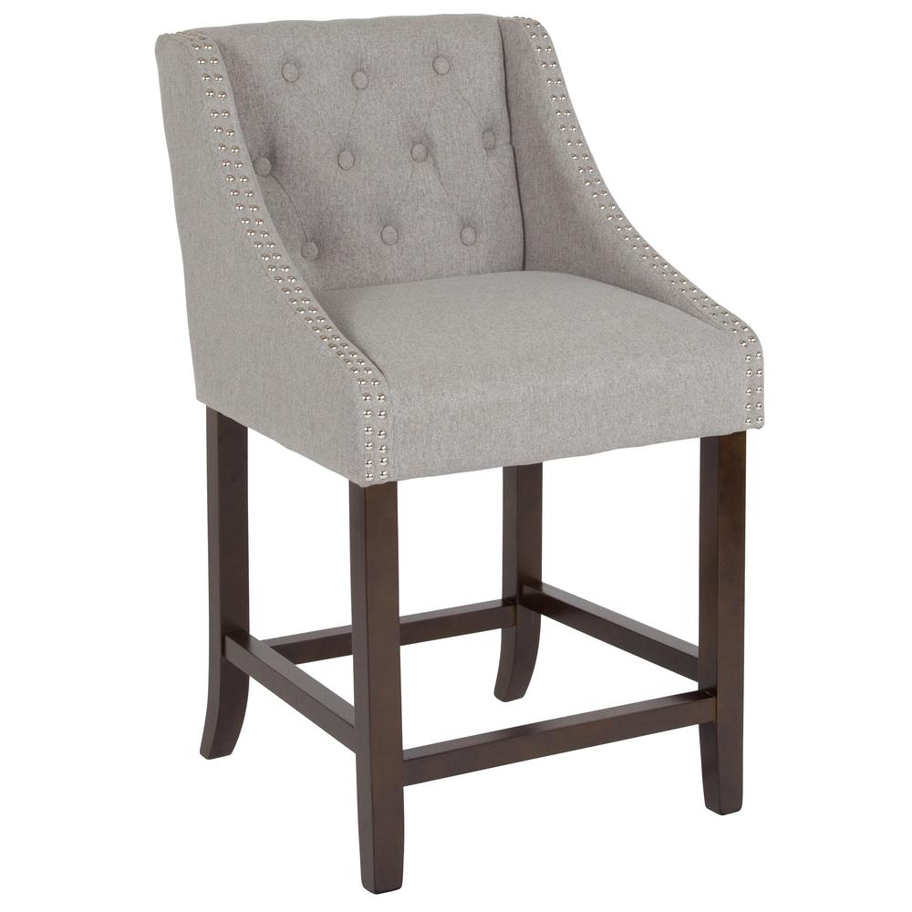 Carmel Series 24" High Transitional Tufted Walnut Counter Height Stool With Accent Nail Trim In Light Gray Fabric By Flash Furniture | Bar Stools | Modishstore - 1