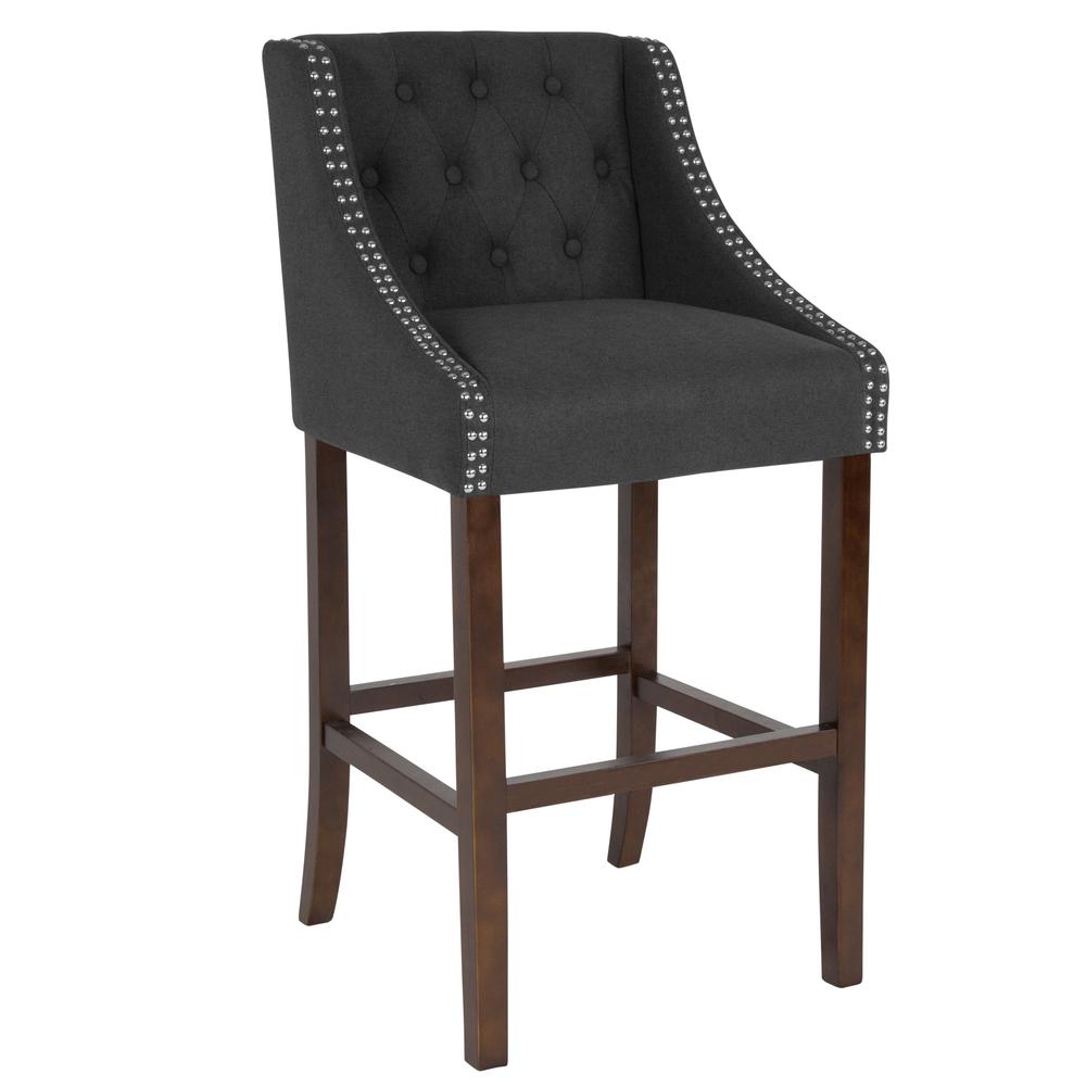 Carmel Series 30" High Transitional Tufted Walnut Barstool With Accent Nail Trim In Charcoal Fabric By Flash Furniture | Bar Stools | Modishstore