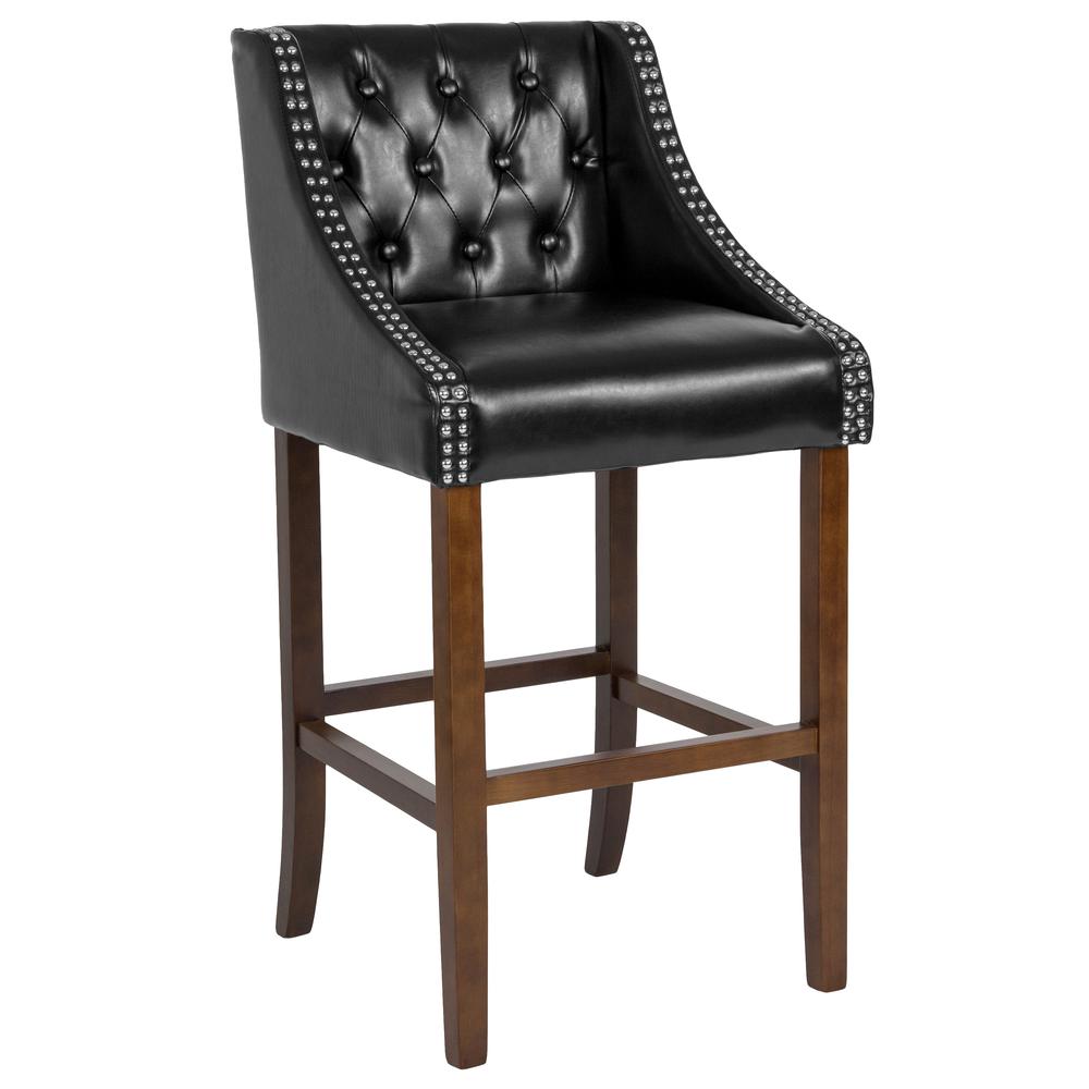 Carmel Series 30" High Transitional Tufted Walnut Barstool With Accent Nail Trim In Black Leathersoft By Flash Furniture | Bar Stools | Modishstore - 1
