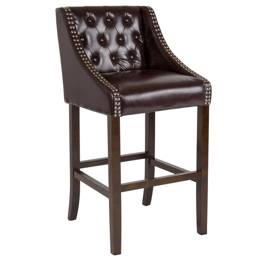 Carmel Series 30" High Transitional Tufted Walnut Barstool With Accent Nail Trim In Brown Leathersoft By Flash Furniture | Bar Stools | Modishstore