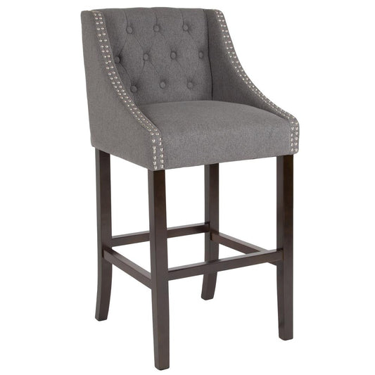 Carmel Series 30" High Transitional Tufted Walnut Barstool With Accent Nail Trim In Dark Gray Fabric By Flash Furniture | Bar Stools | Modishstore