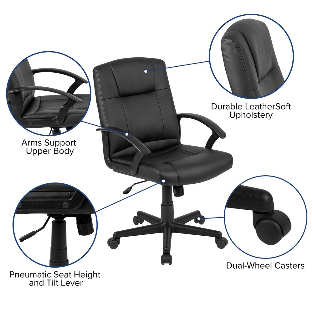 Flash Fundamentals Mid-Back Black Leathersoft-Padded Task Office Chair With Arms, Bifma Certified By Flash Furniture | Office Chairs | Modishstore - 2
