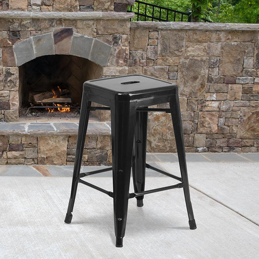 Commercial Grade 24" High Backless Black Metal Indoor-Outdoor Counter Height Stool With Square Seat By Flash Furniture | Bar Stools | Modishstore