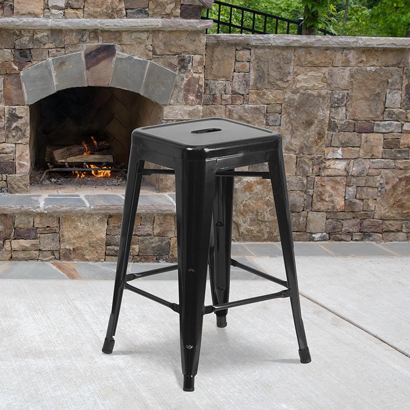 Commercial Grade 24" High Backless Black Metal Indoor-Outdoor Counter Height Stool With Square Seat By Flash Furniture | Bar Stools | Modishstore - 1