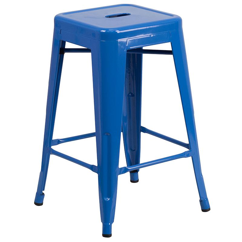 Commercial Grade 24" High Backless Blue Metal Indoor-Outdoor Counter Height Stool With Square Seat By Flash Furniture | Bar Stools | Modishstore - 2