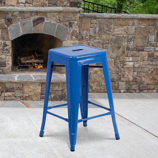 Commercial Grade 24" High Backless Blue Metal Indoor-Outdoor Counter Height Stool With Square Seat By Flash Furniture | Bar Stools | Modishstore