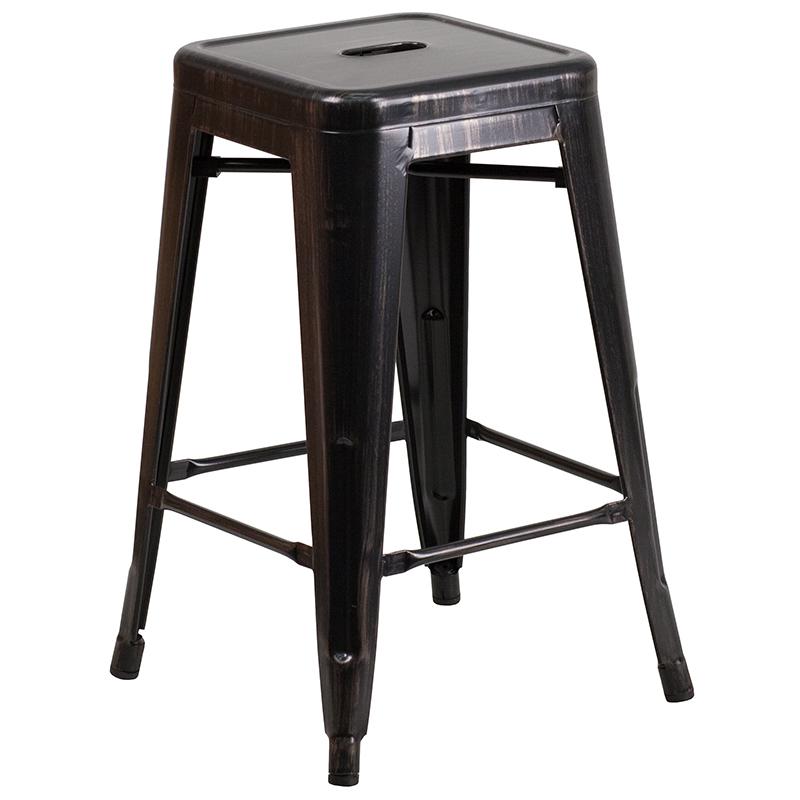 Commercial Grade 24" High Backless Black-Antique Gold Metal Indoor-Outdoor Counter Height Stool With Square Seat By Flash Furniture | Bar Stools | Modishstore - 2