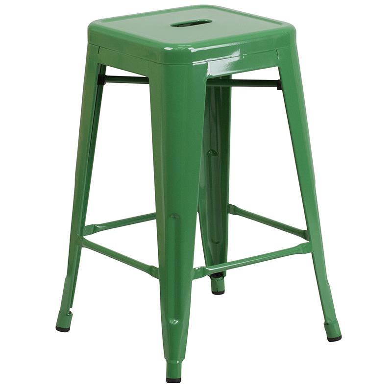 Commercial Grade 24" High Backless Green Metal Indoor-Outdoor Counter Height Stool With Square Seat By Flash Furniture | Bar Stools | Modishstore - 2