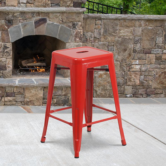 Commercial Grade 24" High Backless Red Metal Indoor-Outdoor Counter Height Stool With Square Seat By Flash Furniture | Bar Stools | Modishstore