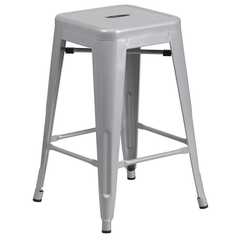 Commercial Grade 24" High Backless Silver Metal Indoor-Outdoor Counter Height Stool With Square Seat By Flash Furniture | Bar Stools | Modishstore - 2