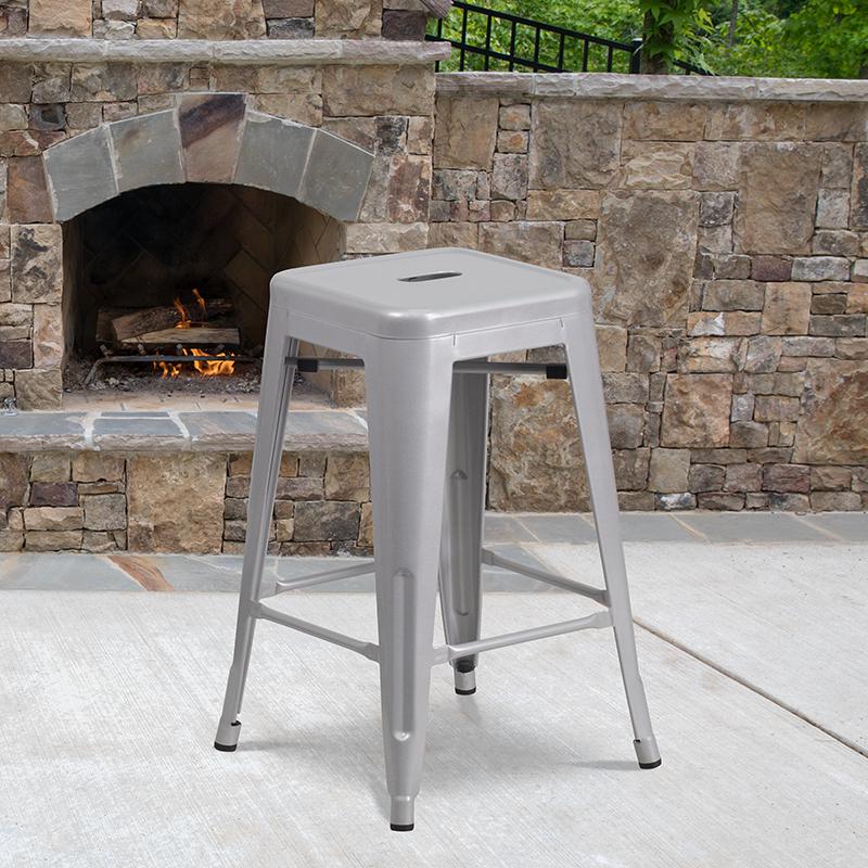 Commercial Grade 24" High Backless Silver Metal Indoor-Outdoor Counter Height Stool With Square Seat By Flash Furniture | Bar Stools | Modishstore