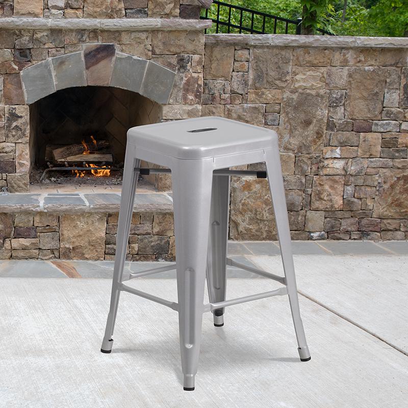 Commercial Grade 24" High Backless Silver Metal Indoor-Outdoor Counter Height Stool With Square Seat By Flash Furniture | Bar Stools | Modishstore - 1