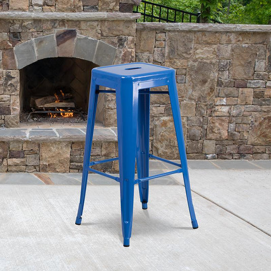 Commercial Grade 30" High Backless Blue Metal Indoor-Outdoor Barstool With Square Seat By Flash Furniture | Bar Stools | Modishstore