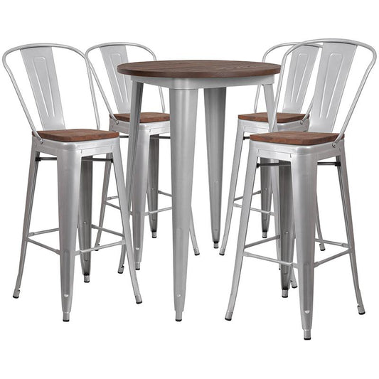 30" Round Silver Metal Bar Table Set With Wood Top And 4 Stools By Flash Furniture | Bar Stools & Table | Modishstore - 1