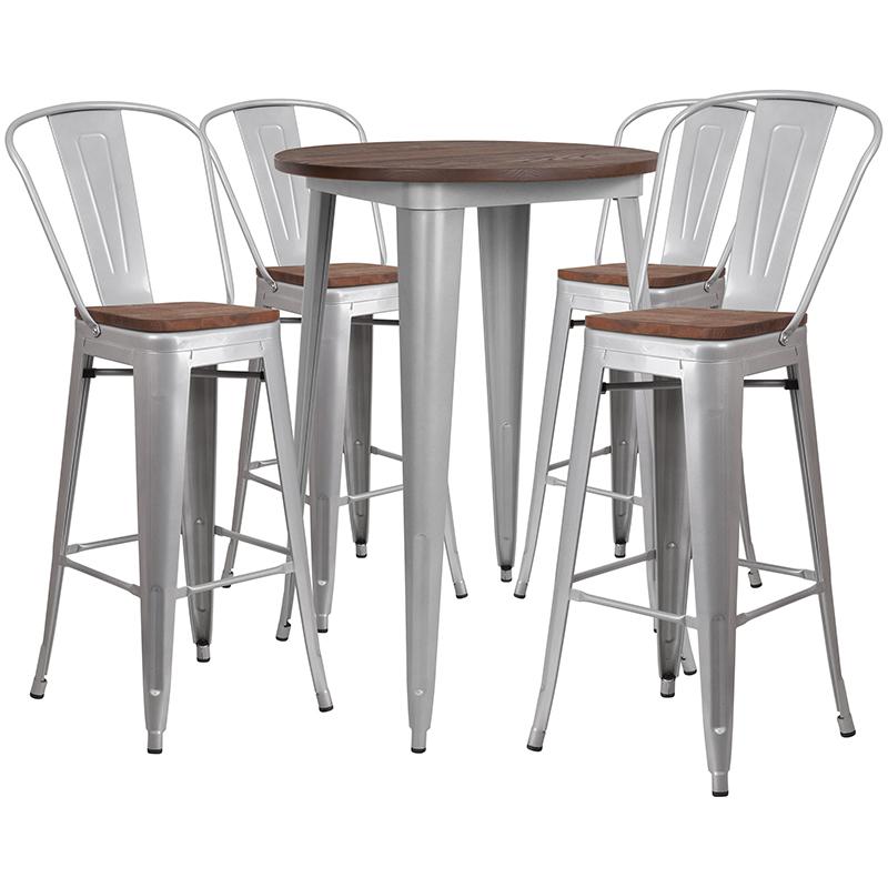 30" Round Silver Metal Bar Table Set With Wood Top And 4 Stools By Flash Furniture | Bar Stools & Table | Modishstore