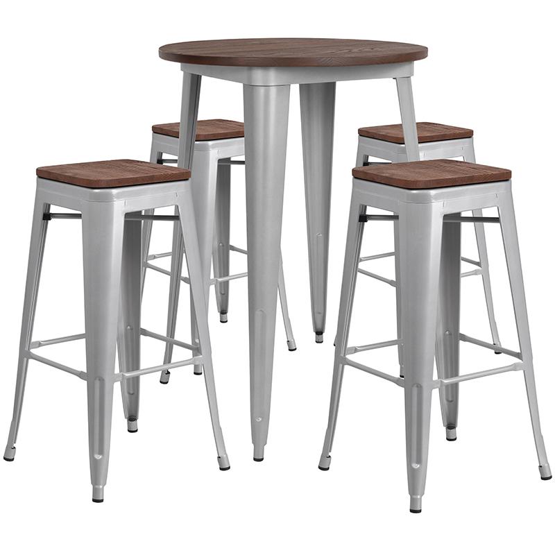 30" Round Silver Metal Bar Table Set With Wood Top And 4 Backless Stools By Flash Furniture | Bar Stools & Table | Modishstore - 1
