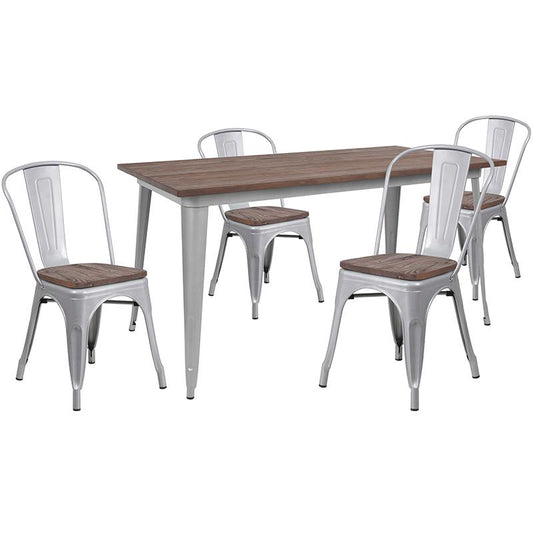 30.25" X 60" Silver Metal Table Set With Wood Top And 4 Stack Chairs By Flash Furniture | Dining Sets | Modishstore