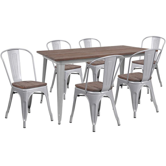 30.25" X 60" Silver Metal Table Set With Wood Top And 6 Stack Chairs By Flash Furniture | Dining Sets | Modishstore
