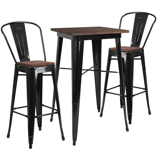 23.5" Square Black Metal Bar Table Set With Wood Top And 2 Stools By Flash Furniture | Bar Stools & Table | Modishstore