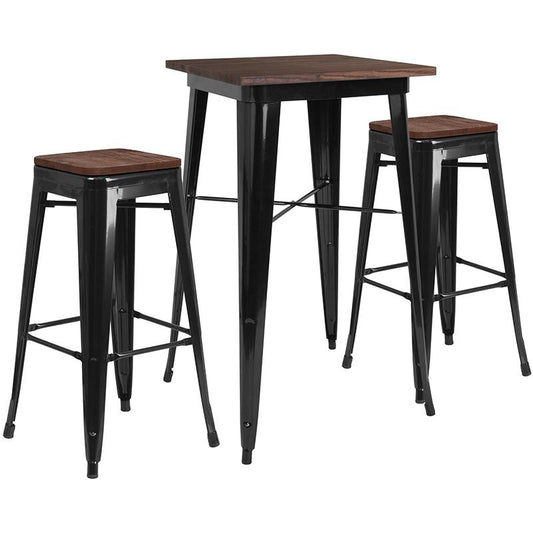 23.5" Square Black Metal Bar Table Set With Wood Top And 2 Backless Stools By Flash Furniture | Bar Stools & Table | Modishstore