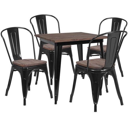 31.5" Square Black Metal Table Set With Wood Top And 4 Stack Chairs By Flash Furniture | Dining Sets | Modishstore