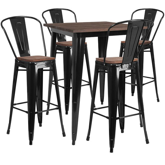 31.5" Square Black Metal Bar Table Set With Wood Top And 4 Stools By Flash Furniture | Bar Stools & Table | Modishstore